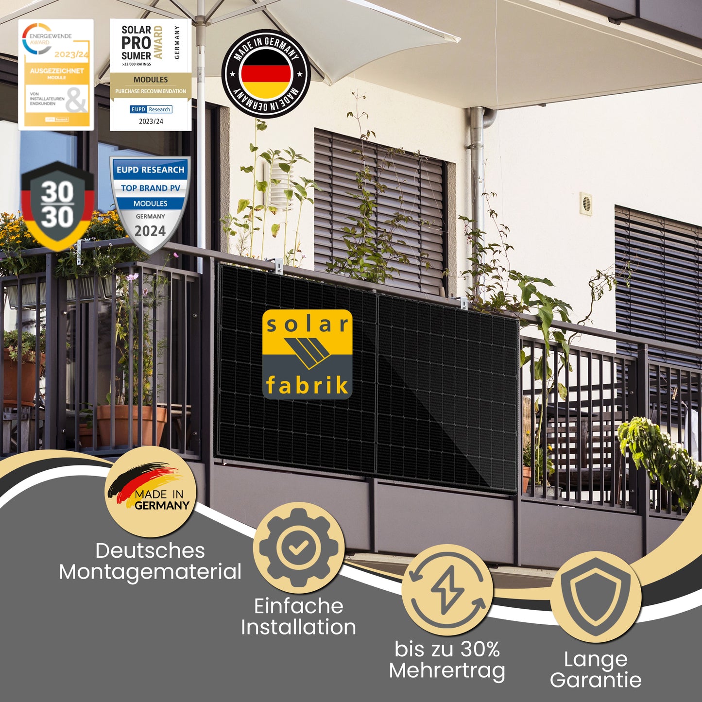 Balkonkraftwerk 400W (450Wp) bifazial Balkonhalterung Komplettset - Solarfabrik