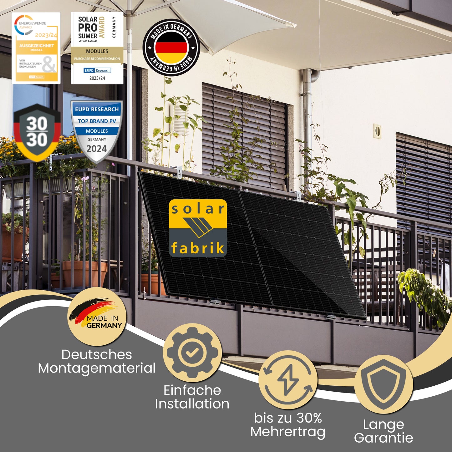 Balkonkraftwerk 400W (450Wp) bifazial Balkonhalterung angewinkelt Komplettset - Solarfabrik