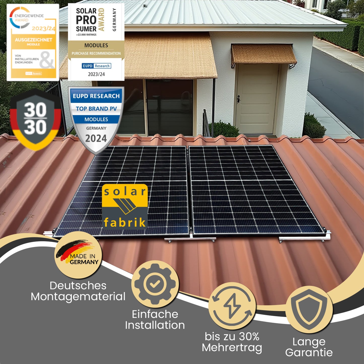 Balkonkraftwerk 800W (900Wp) bifazial Trapezdach Montageset Komplettset - Solarfabrik