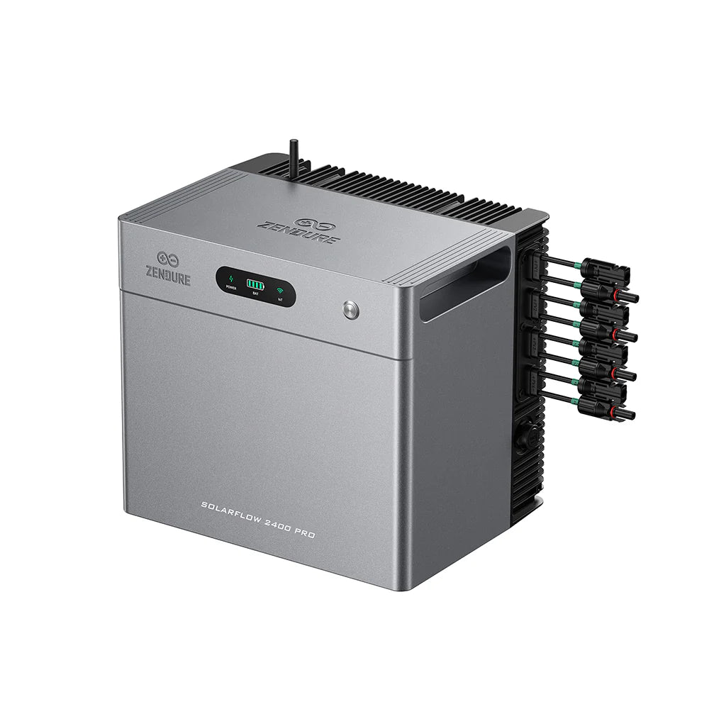 Balkonkraftwerk Tri 1365Wp/800W mit Zendure Solarflow 2400Pro und Balkonmontageset angewinkelt
