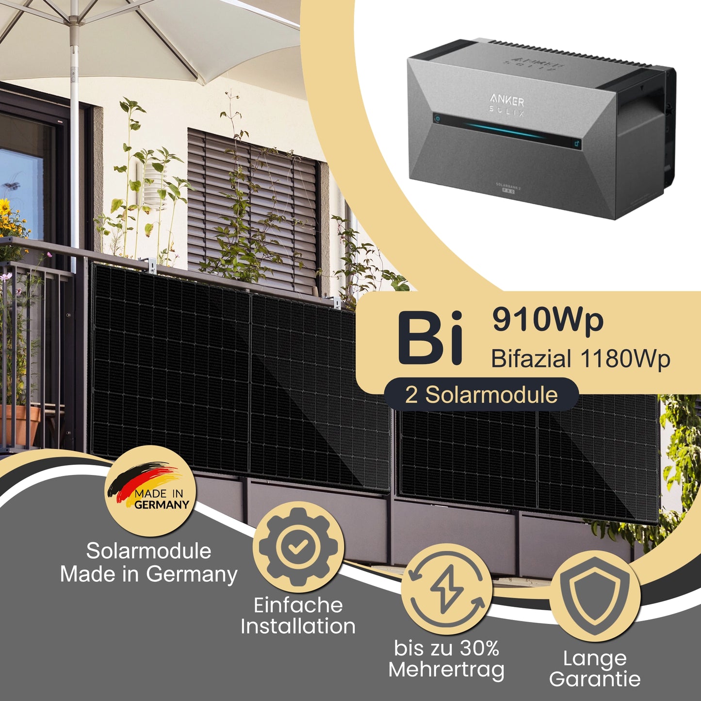 Balkonkraftwerk Bi 910Wp/800W mit Anker Solix 2 Pro und Balkon Montageset