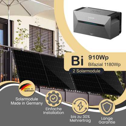 Balkonkraftwerk Bi 910Wp/800W mit Anker Solix 2 Pro und Balkon Montageset angewinkelt