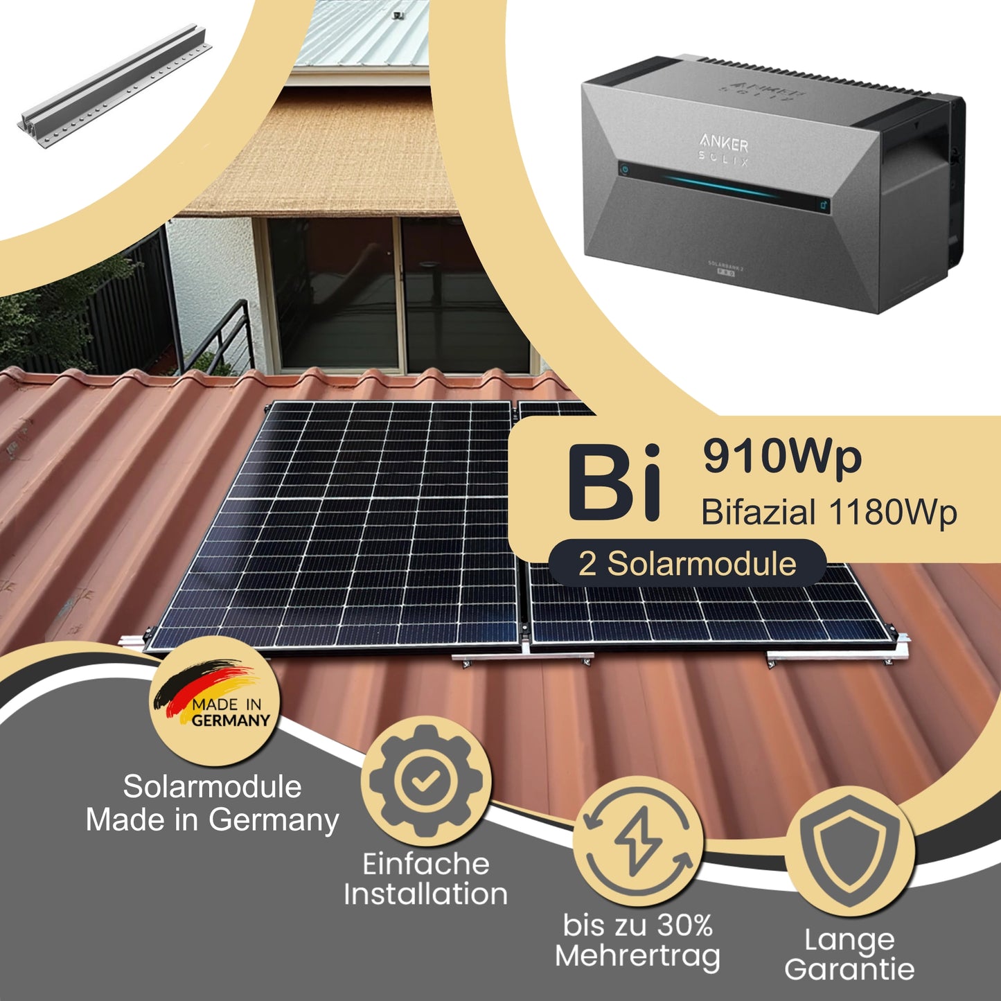 Balkonkraftwerk Bi 910Wp/800W mit Anker Solix 2 Pro und Trapez-/Holzdach Montageset