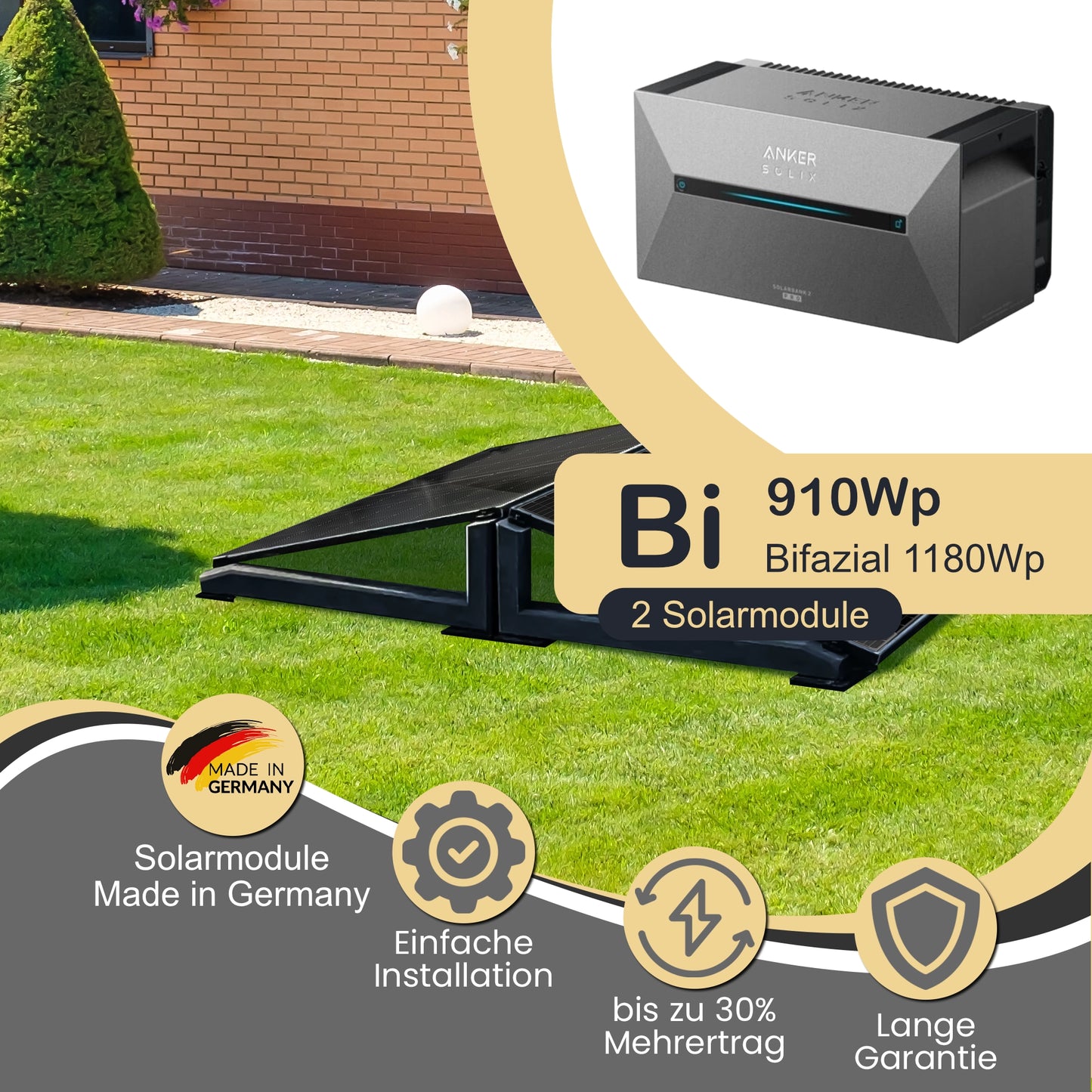 Balkonkraftwerk Bi 910Wp/800W mit Anker Solix 2 Pro und Wattstone 15° Aufständerung