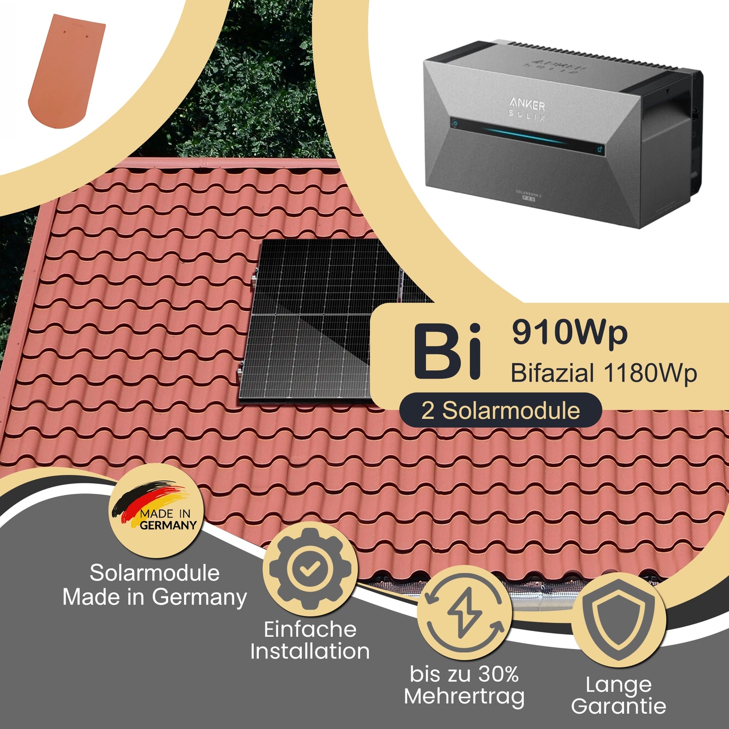 Balkonkraftwerk Bi 910Wp/800W mit Anker Solix 2 Pro und Biberschwanzziegel Montageset