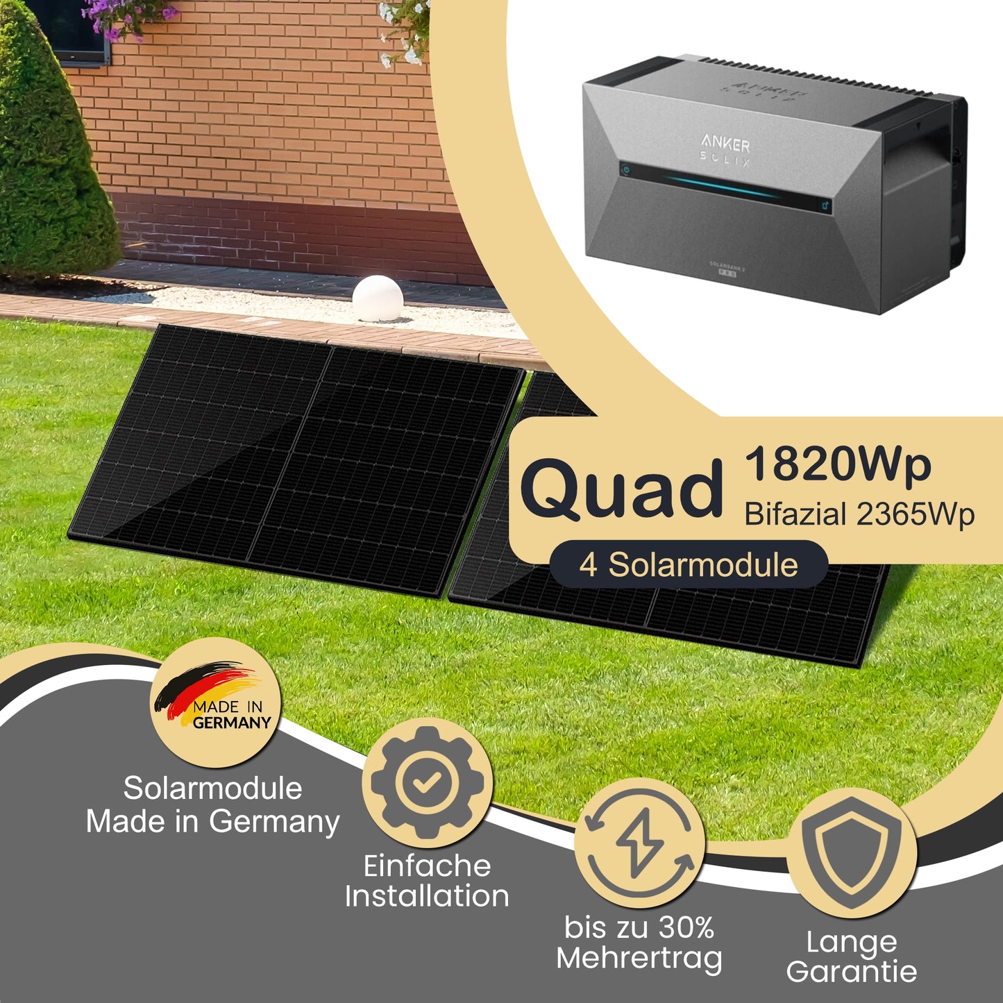 Balkonkraftwerk Quad 1820Wp/800W mit Anker Solix 2 Pro und Garten Montageset 20°
