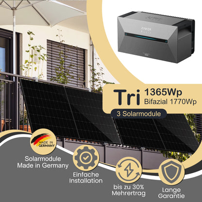 Balkonkraftwerk Tri 1365Wp/800W mit Anker Solix 2 Pro und Balkon Montageset angewinkelt