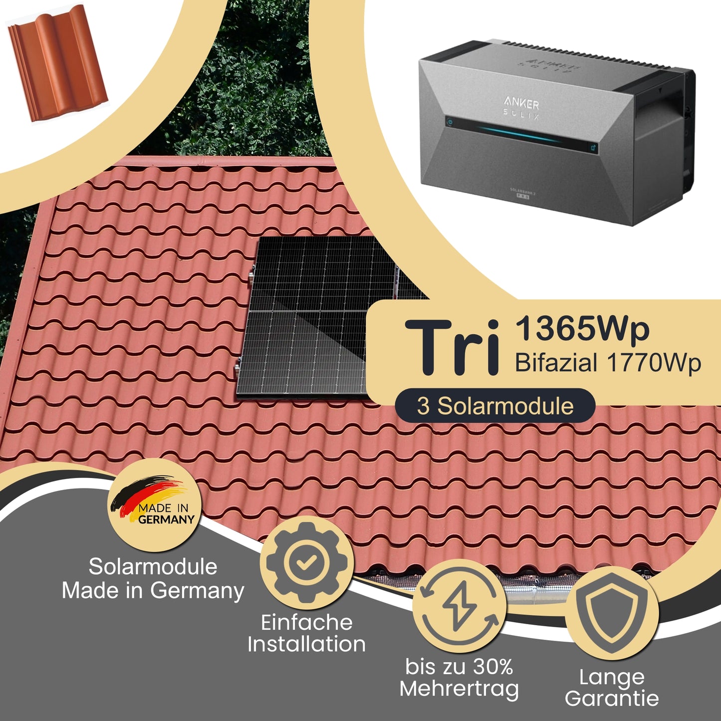 Balkonkraftwerk Tri 1365Wp/800W mit Anker Solix 2 Pro und Pfannenziegel Montageset