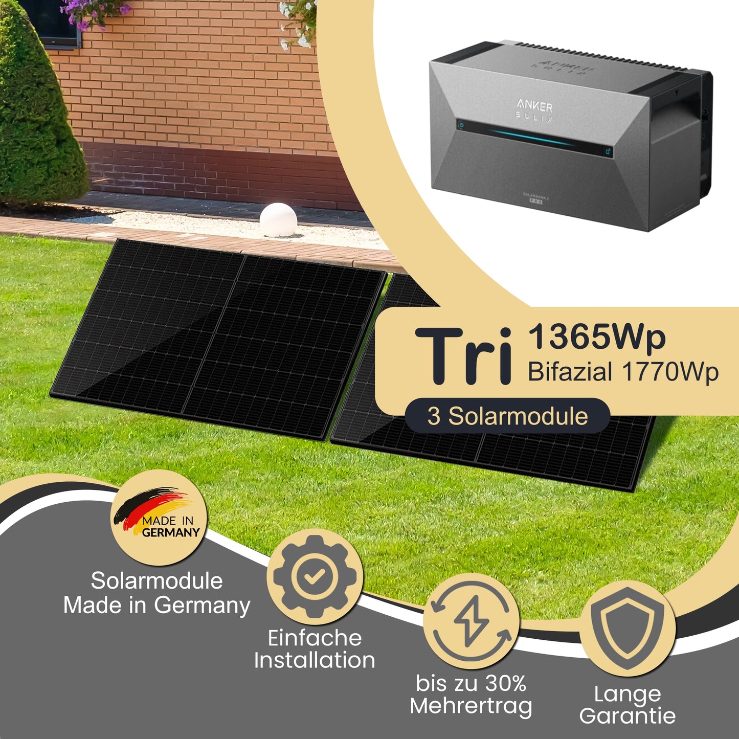 Balkonkraftwerk Tri 1365Wp/800W mit Anker Solix 2 Pro und Garten Montageset 20°