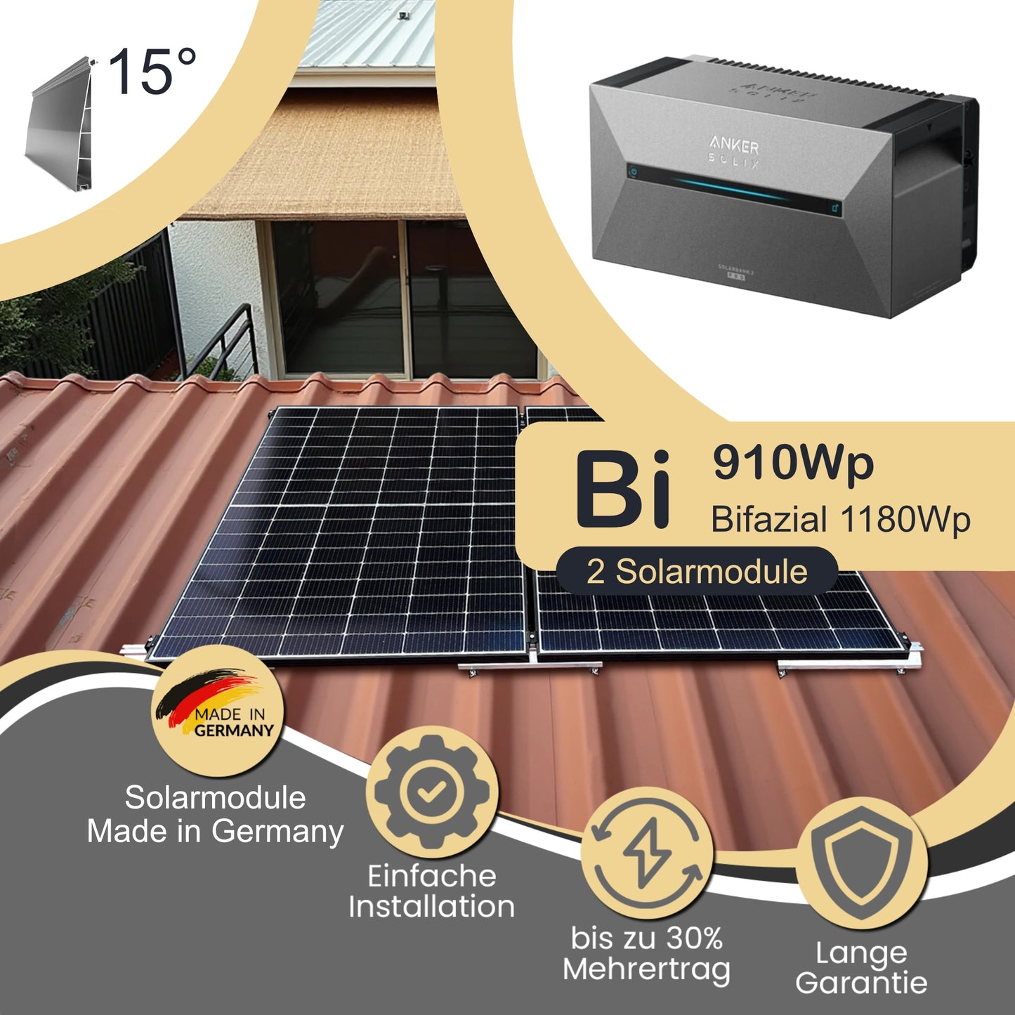 Balkonkraftwerk Bi 910Wp/800W mit Anker Solix 2 Pro und Trapezdach 15° Neigung