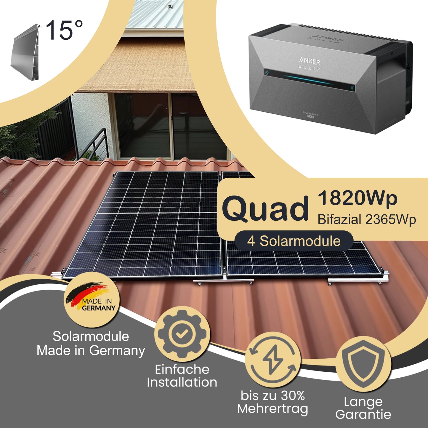 Balkonkraftwerk Quad 1820Wp/800W mit Anker Solix 2 Pro und Trapezdach 15° Neigung