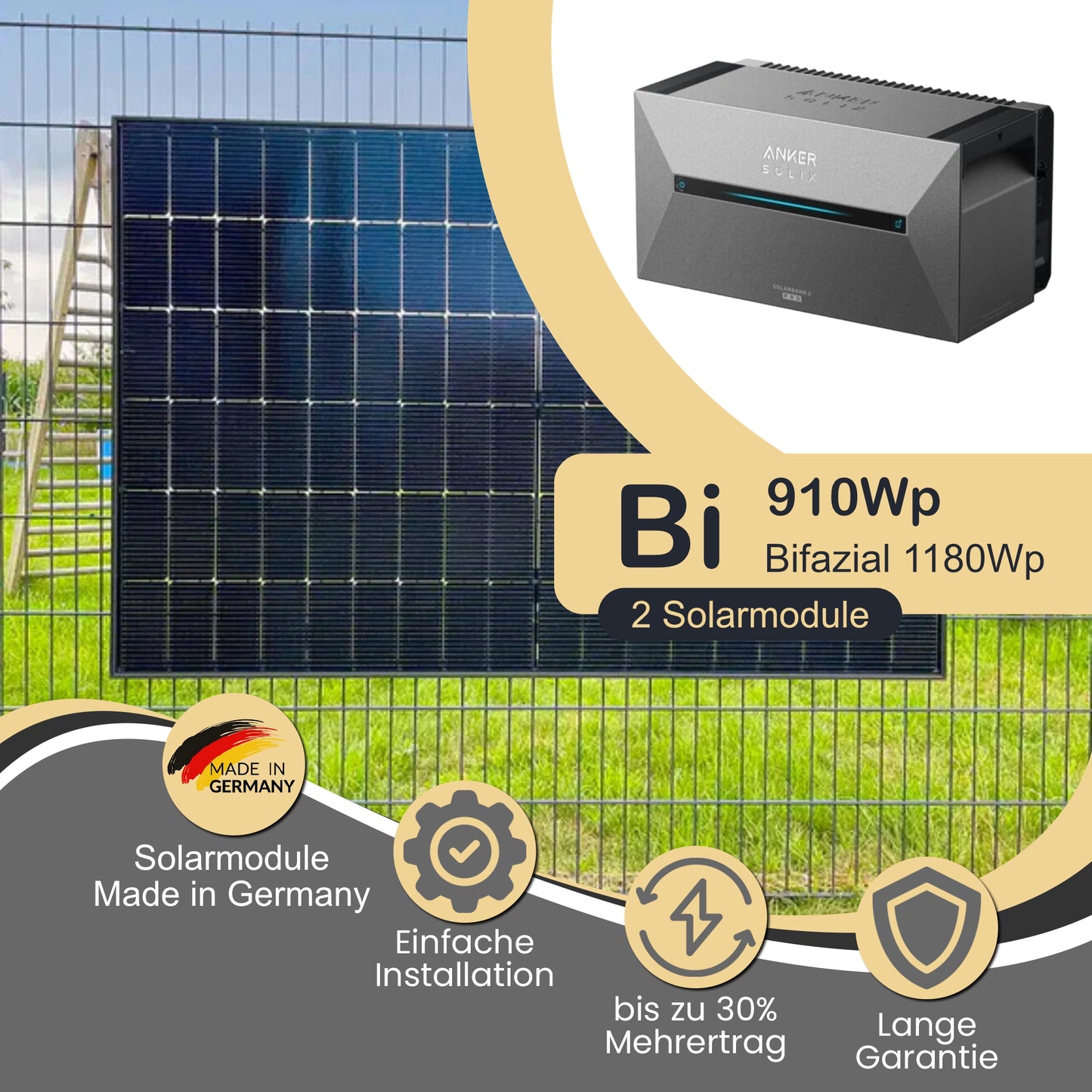 Balkonkraftwerk Bi 910Wp/800W mit Anker Solix 2 Pro und ZaunPV Montageset