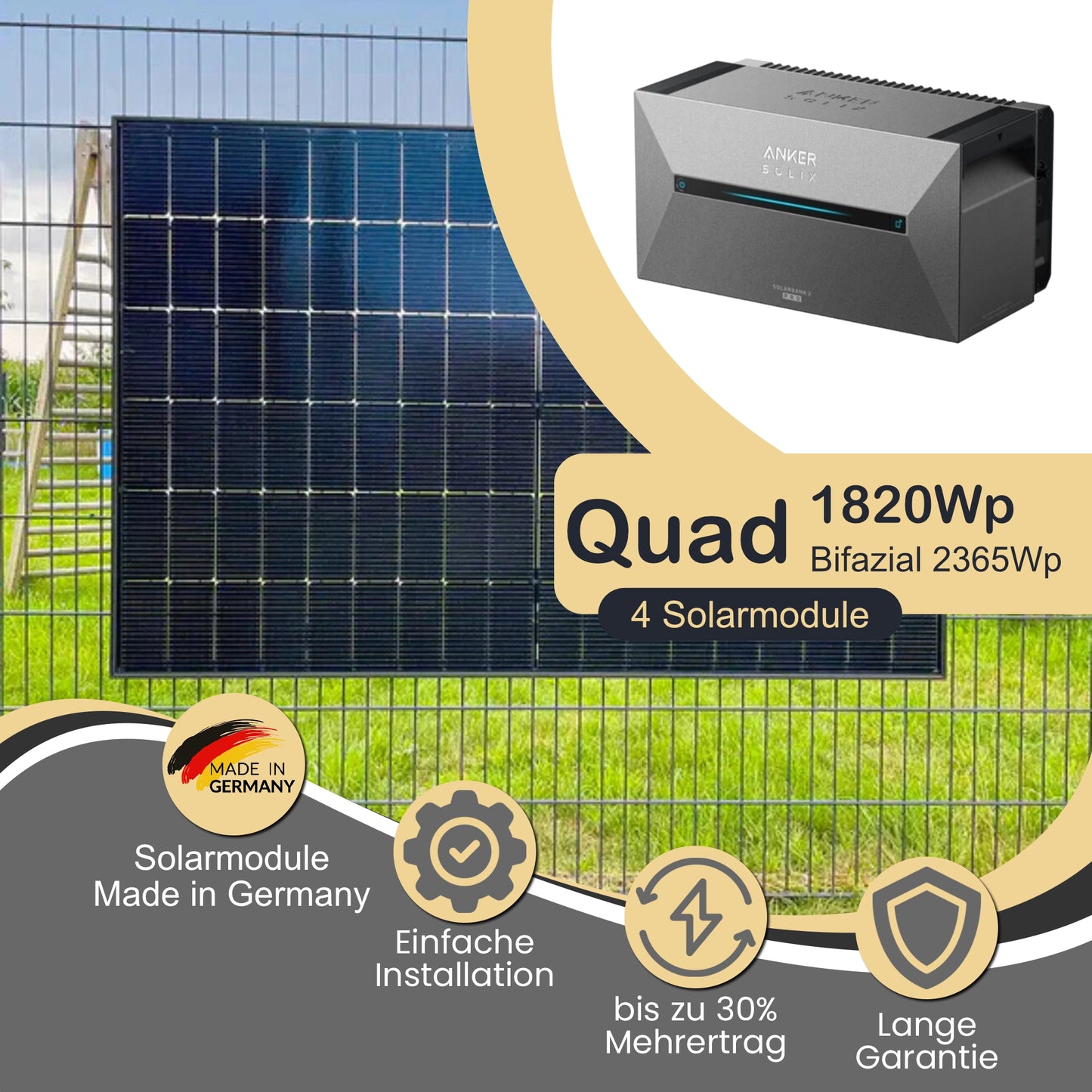 Balkonkraftwerk Quad 1820Wp/800W mit Anker Solix 2 Pro und ZaunPV Montageset