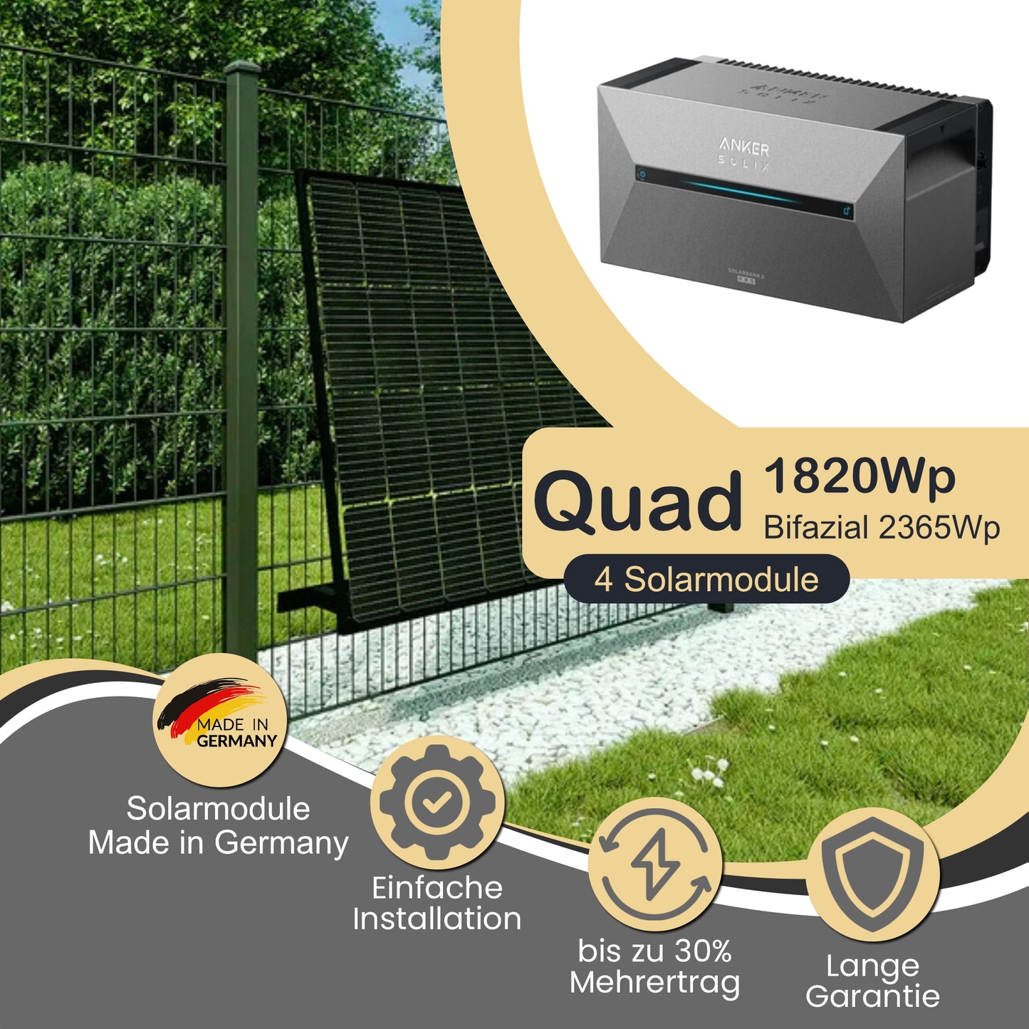 Balkonkraftwerk Quad 1820Wp/800W mit Anker Solix 2 Pro und ZaunPV angewinkelt