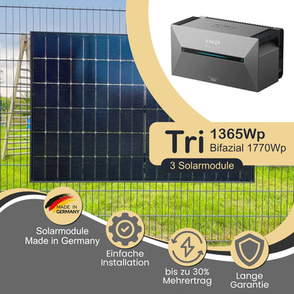 Balkonkraftwerk Tri 1365Wp/800W mit Anker Solix 2 Pro und ZaunPV Montageset