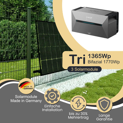 Balkonkraftwerk Tri 1365Wp/800W mit Anker Solix 2 Pro und ZaunPV angewinkelt