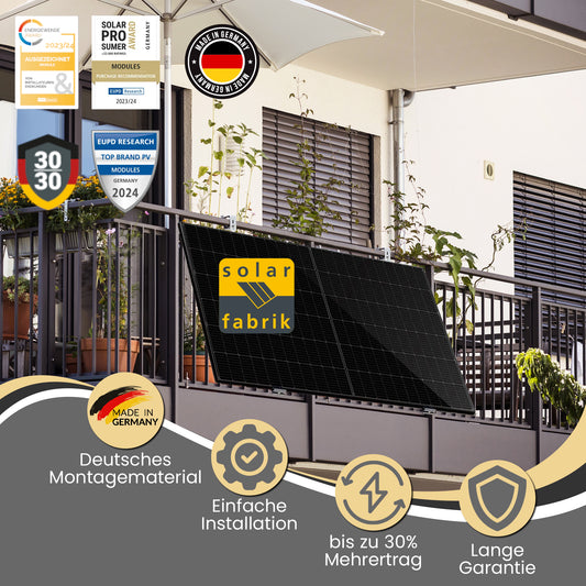 Balkonkraftwerk 400W (450Wp) bifazial Balkonhalterung angewinkelt Komplettset - Solarfabrik