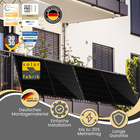 Balkonkraftwerk 800W (900Wp) bifazial Balkonhalterung angewinkelt Komplettset - Solarfabrik