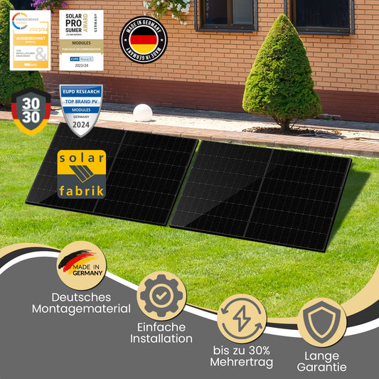 Balkonkraftwerk aus zwei Solarfabrik Modulen, einem Hoymiles Wechselrichter und Montagematerial für die Aufständerung im Garten oder Flachdach