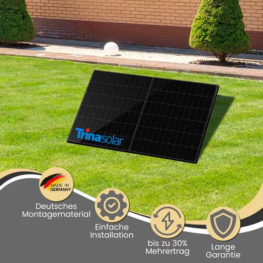 Ein Balkonkraftwerk bestehend aus einem Trinasolar Solarmodul, einem Hoymiles Wechselrichter und Montageset für den Garten oder ein Flachdach aus Metall.