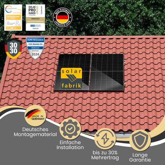 Ein Balkonkraftwerk bestehend aus  Solarfabrik Solarmodulen, einem Hoymiles Wechselrichter und Montageset für ein Ziegeldach.
