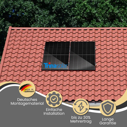 Ein Balkonkraftwerk bestehend aus  Trinasolar Solarmodulen, einem Hoymiles Wechselrichter und Montageset für ein Ziegeldach.
