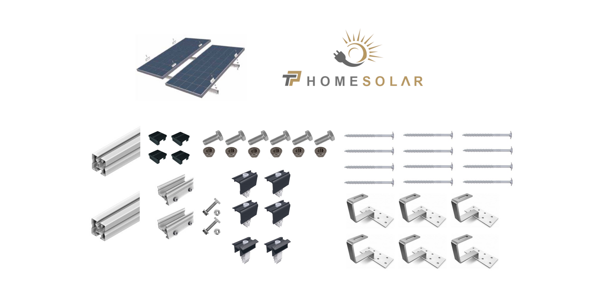 Darstellung aller notwendigen Montagematerialien für die Montage von zwei Solarmodulen auf Pfannenziegeln und dem Logo von TP-HomeSolar