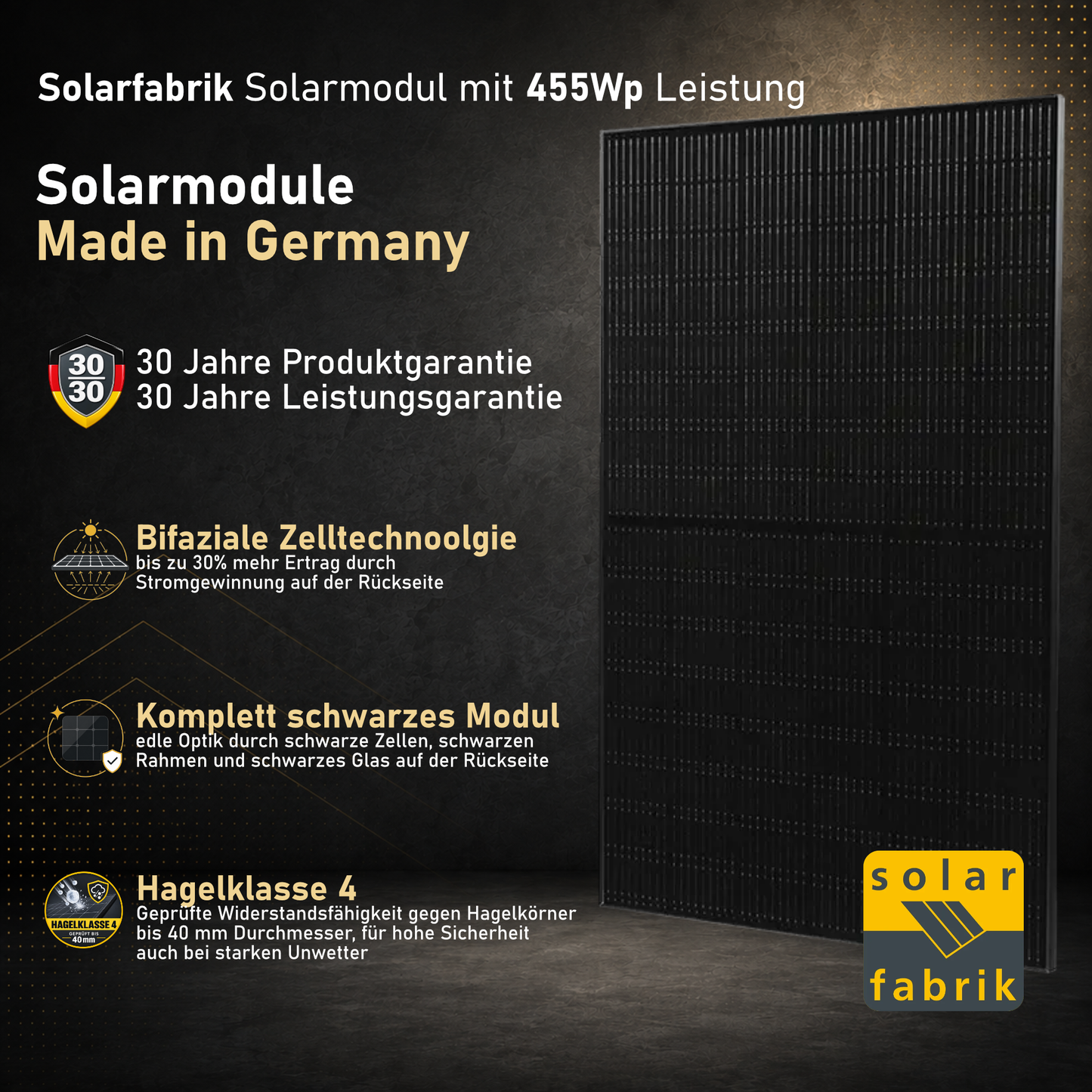Solarfabrik S4 Trend Ful Black 455Wp bifaziales Halfcut Solarmodul mit den Produktvorteilen auf einer Bühne
