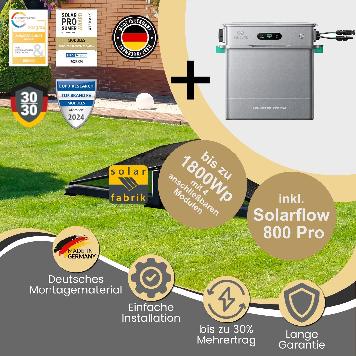 Balkonkraftwerk & Zendure Solarflow 800Pro mit 20° Aufständerung Montageset - Solarfabrik