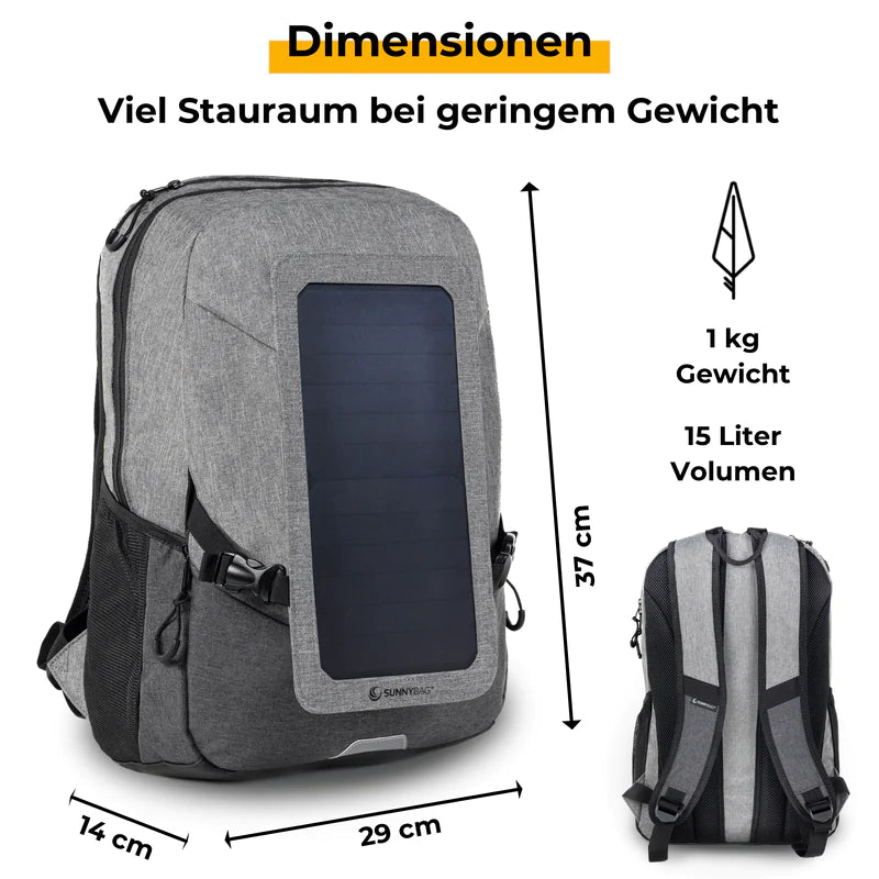 Die Abmessungen und das Gewicht des Sunnybag Solarrucksack