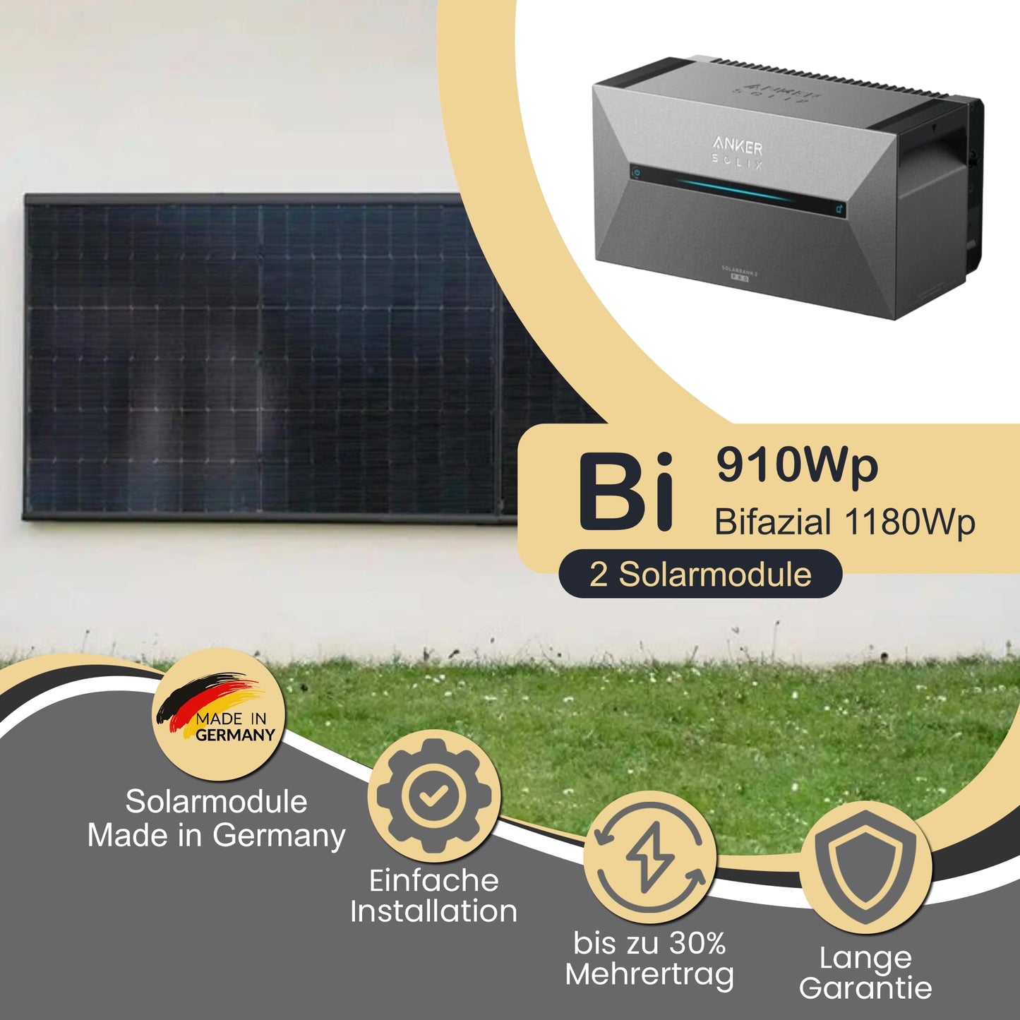 Balkonkraftwerk Bi 910Wp/800W mit Anker Solix 2 Pro und WandPV horizontal Montageset