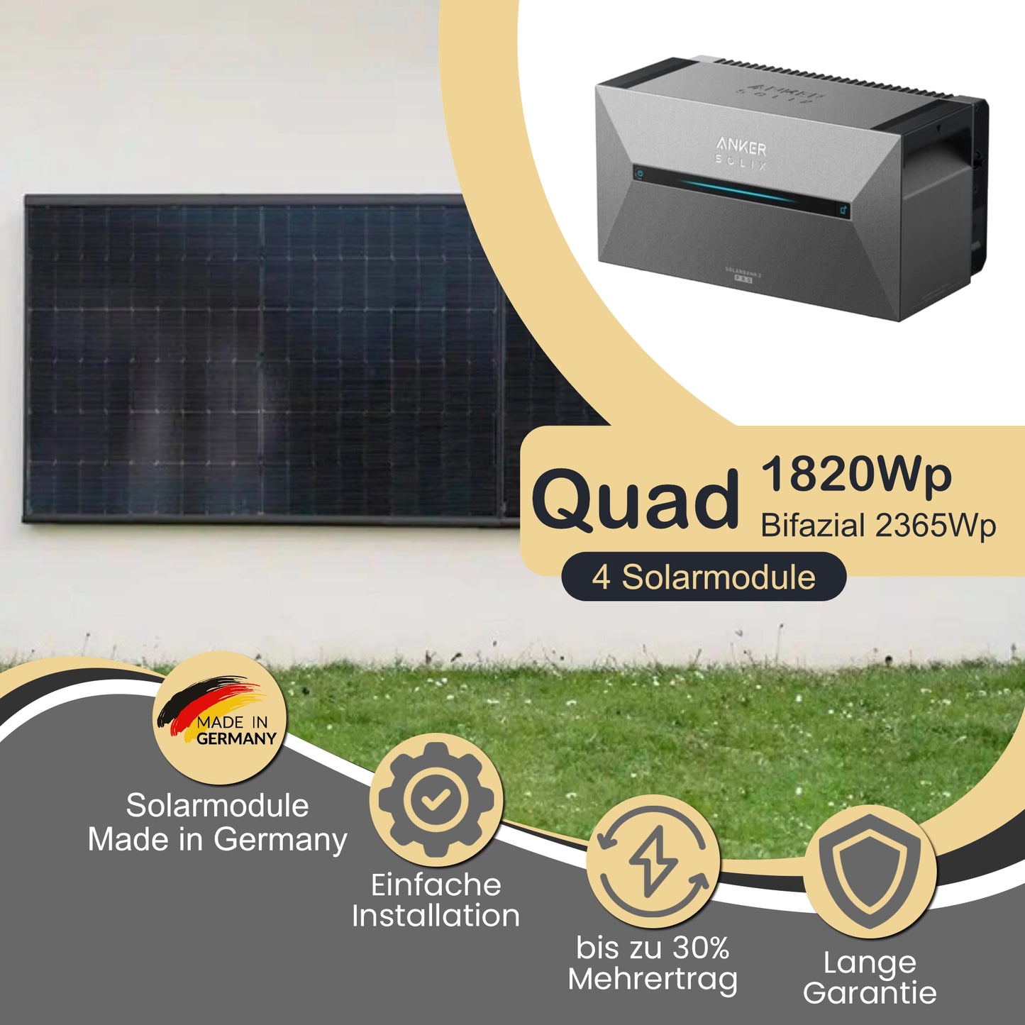 Balkonkraftwerk Quad 1820Wp/800W mit Anker Solix 2 Pro und WandPV horizontal Montageset