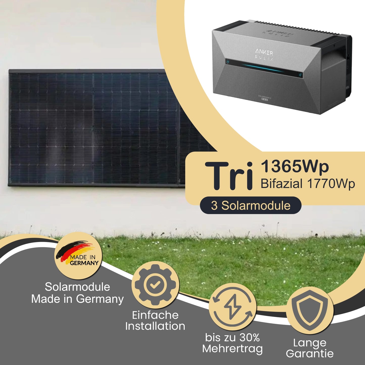 Balkonkraftwerk Tri 1365Wp/800W mit Anker Solix 2 Pro und WandPV horizontal Montageset
