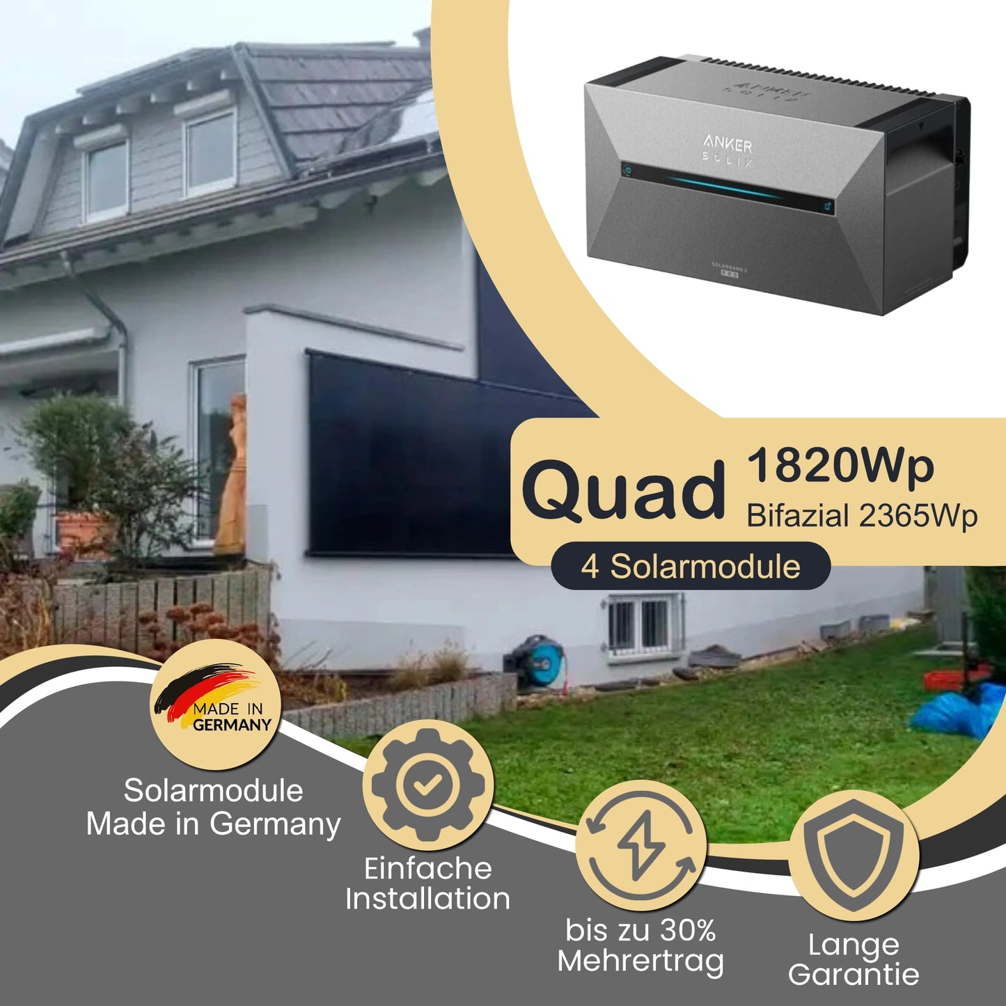 Balkonkraftwerk Quad 1820Wp/800W mit Anker Solix 2 Pro und WandPV vertikal Montageset