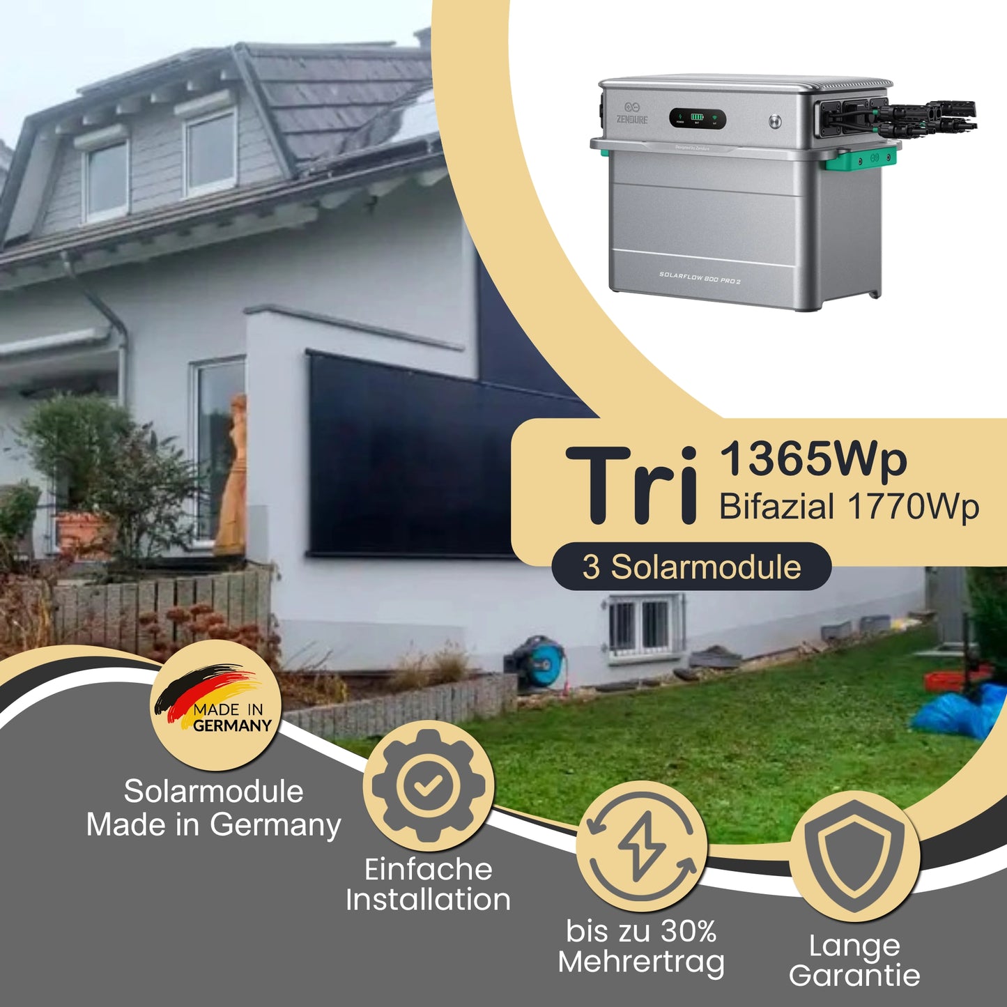 Balkonkraftwerk Tri 1365Wp/800W mit Zendure Solarflow 800 Pro 2 und WandPV vertikal Montageset