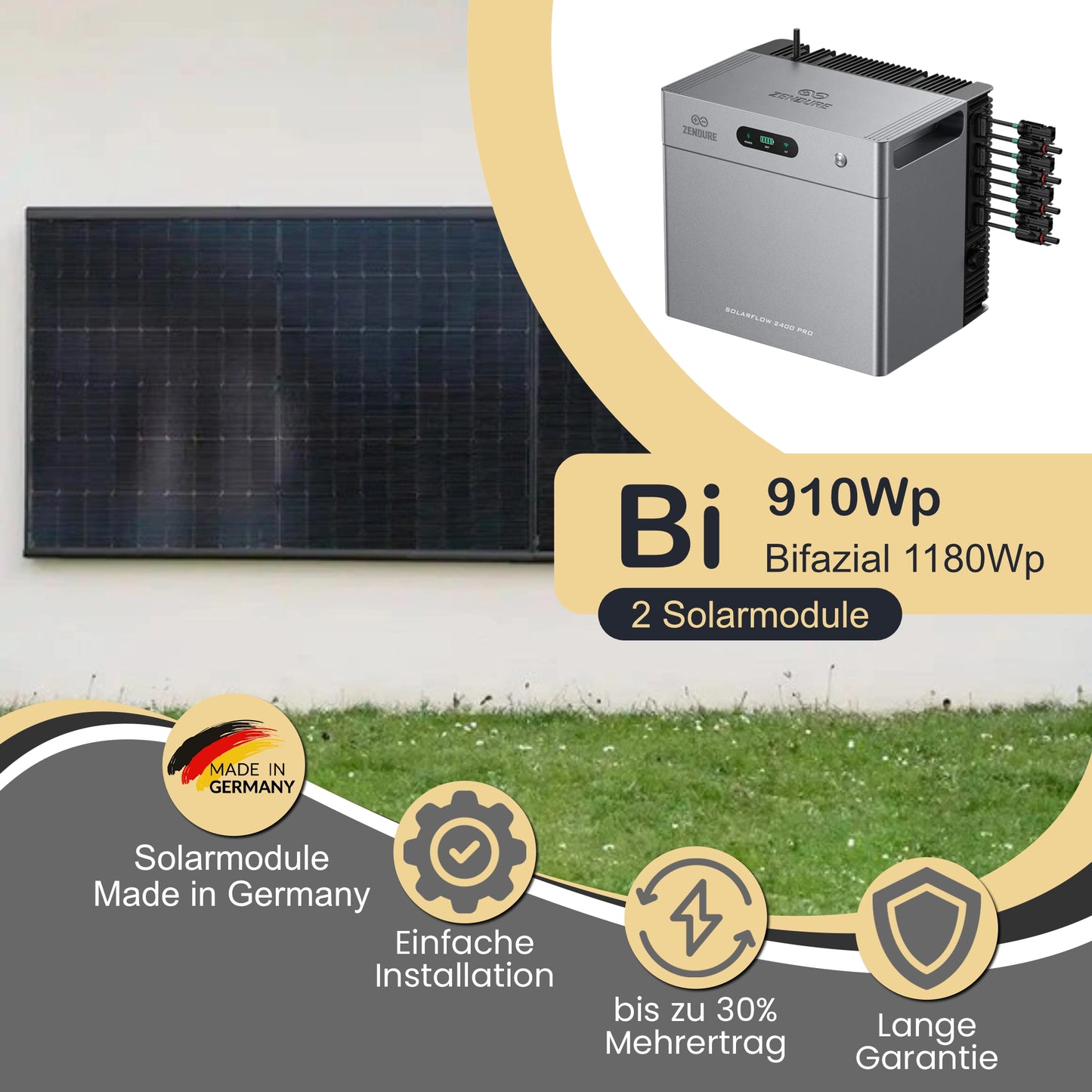 Balkonkraftwerk Bi 910Wp/800W mit Zendure Solarflow 2400Pro und WandPV horizontal Montageset