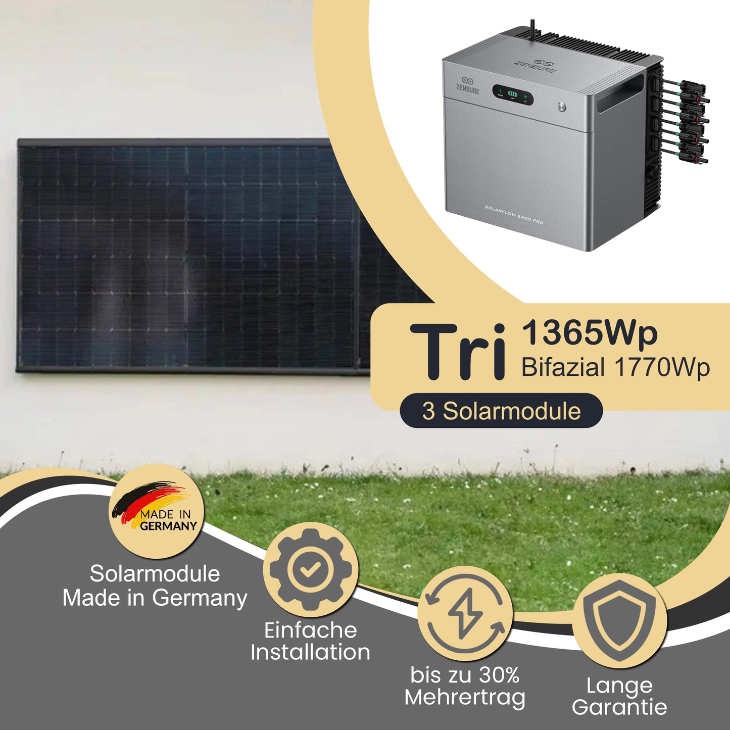 Balkonkraftwerk Tri 1365Wp/800W mit Zendure Solarflow 2400Pro und WandPV horizontal Montageset