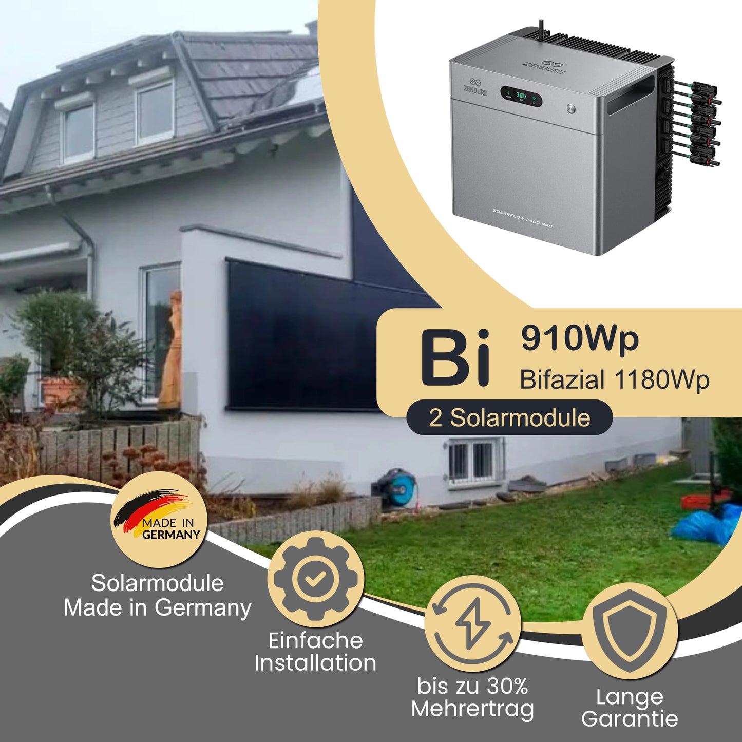Balkonkraftwerk Bi 910Wp/800W mit Zendure Solarflow 2400Pro und WandPV vertikal Montageset