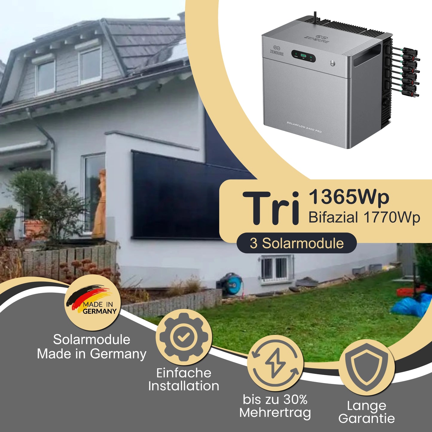 Balkonkraftwerk Tri 1365Wp/800W mit Zendure Solarflow 2400Pro und WandPV vertikal Montageset