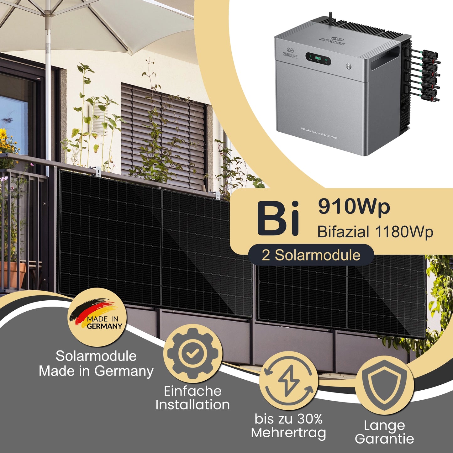 Balkonkraftwerk Bi 910Wp/800W mit Zendure Solarflow 2400Pro und Balkonmontageset
