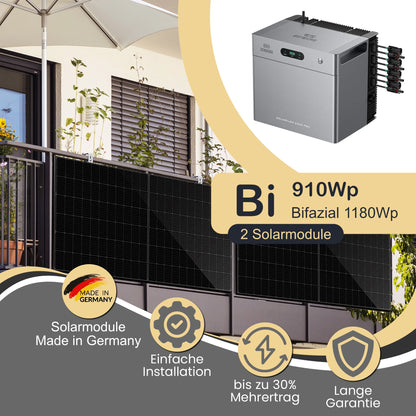 Balkonkraftwerk Bi 910Wp/800W mit Zendure Solarflow 2400Pro und Balkonmontageset