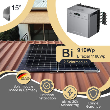Balkonkraftwerk Bi 910Wp/800W mit Zendure Solarflow 2400Pro und Trapezdach (15°Winkel) Montageset