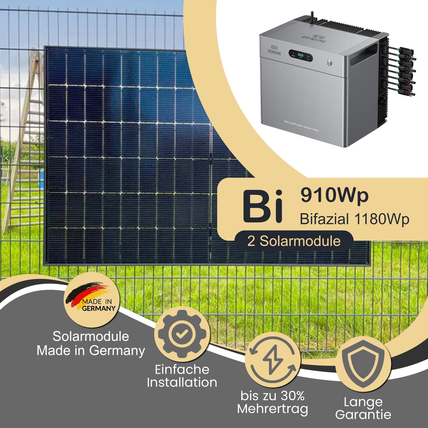 Balkonkraftwerk Bi 910Wp/800W mit Zendure Solarflow 2400 Pro und ZaunPV Montageset