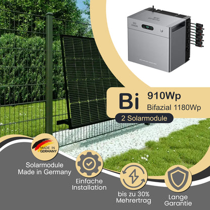 Balkonkraftwerk Bi 910Wp/800W mit Zendure Solarflow 2400 Pro und ZaunPV angewinkelt