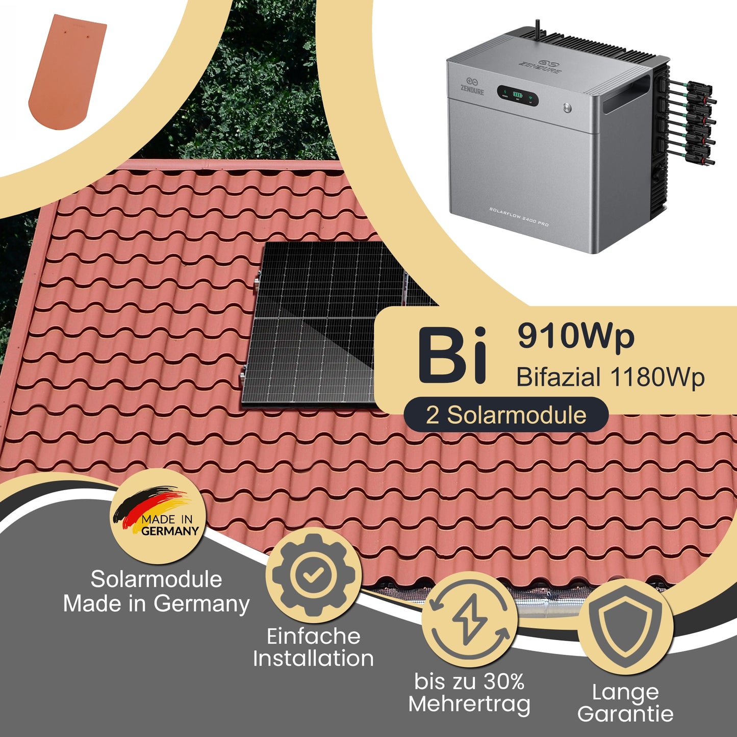 Balkonkraftwerk Bi 910Wp/800W mit Zendure Solarflow 2400Pro und Dach (Biberschwanzziegel) Montageset