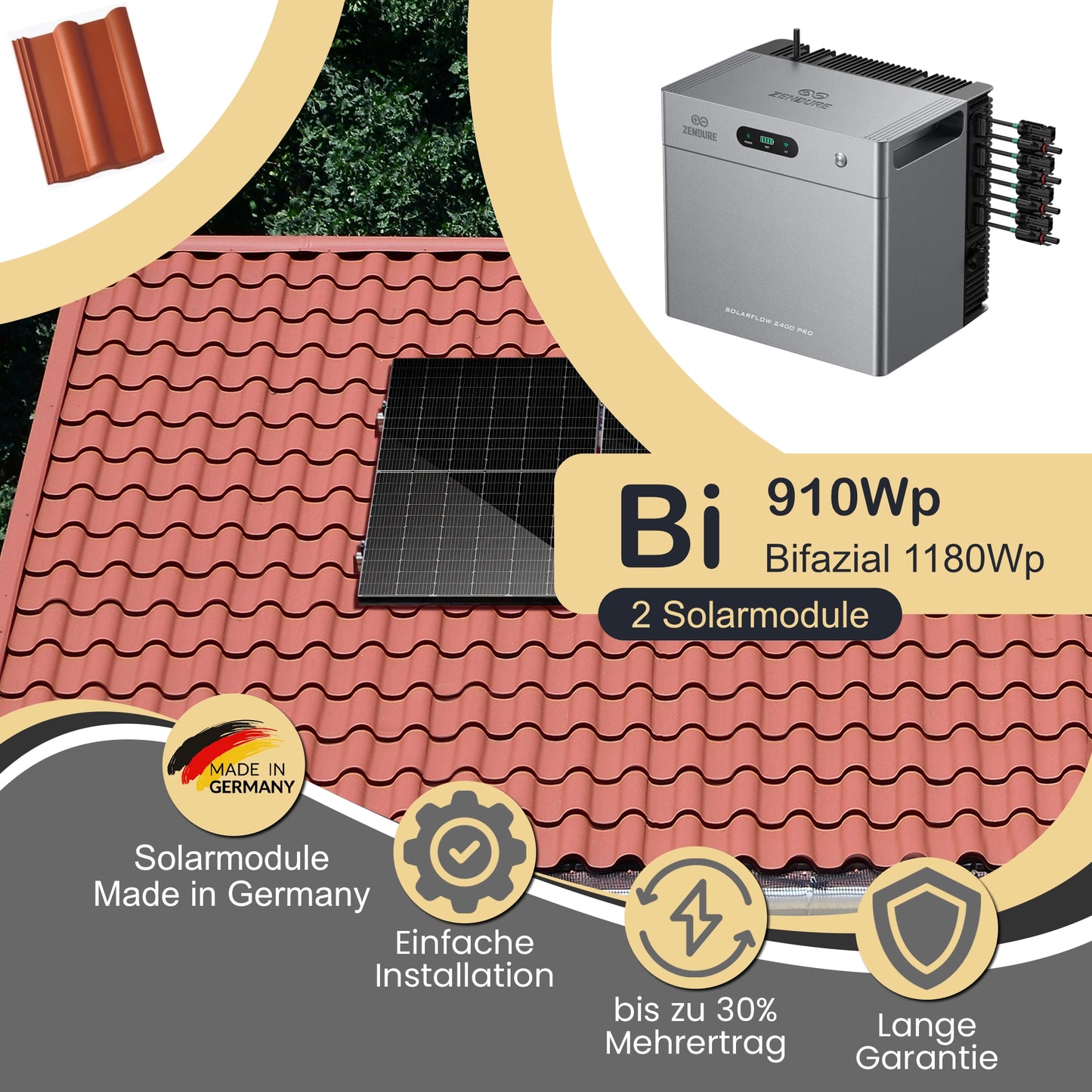 Balkonkraftwerk Bi 910Wp/800W mit Zendure Solarflow 2400Pro und Dach (Pfannenziegel) Montageset