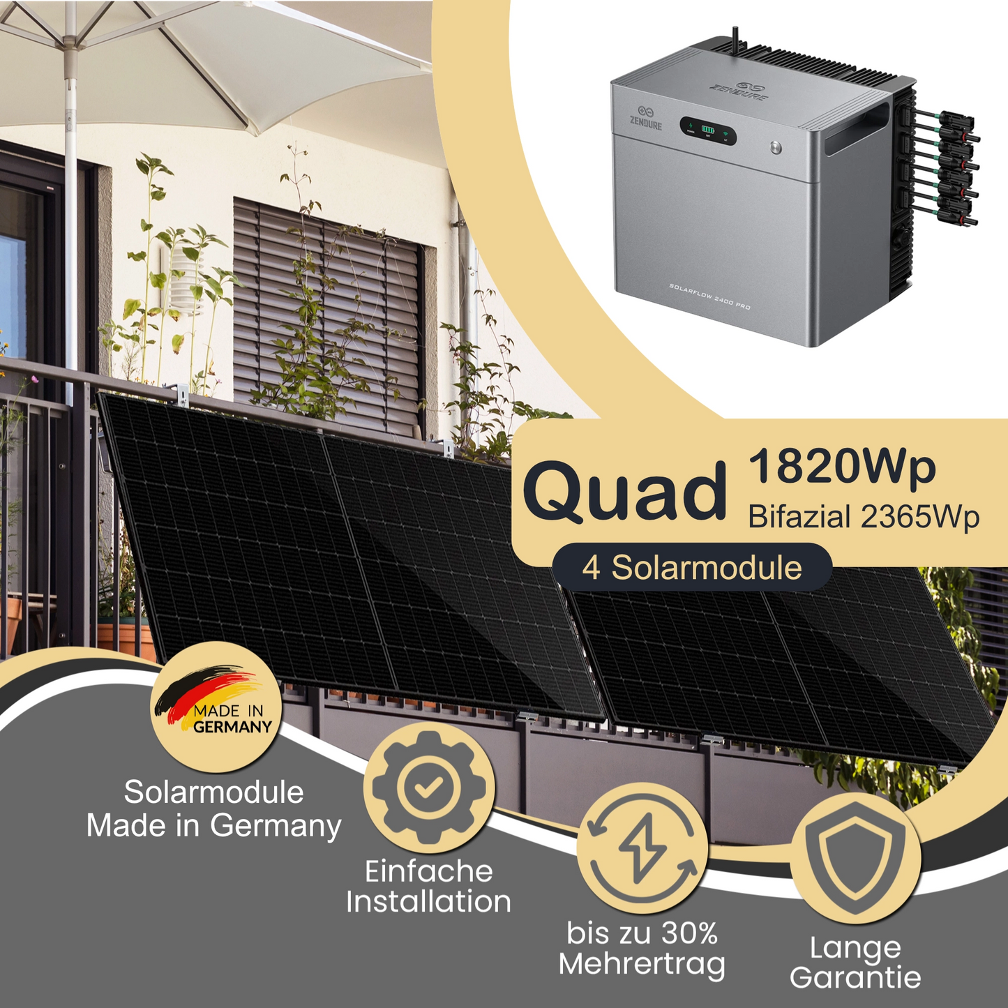 Balkonkraftwerk Quad 1820Wp/800W mit Zendure Solarflow 2400Pro und Balkonmontageset angewinkelt