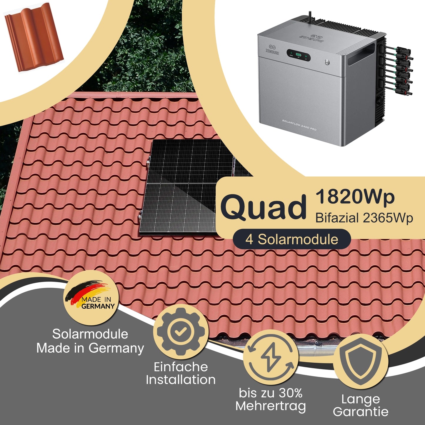 Balkonkraftwerk Quad 1820Wp/800W mit Zendure Solarflow 2400Pro und Dach (Pfannenziegel) Montageset