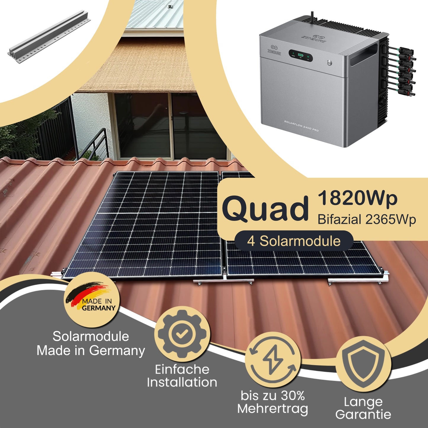 Balkonkraftwerk Quad 1820Wp/800W mit Zendure Solarflow 2400Pro und Trapezdach Montageset