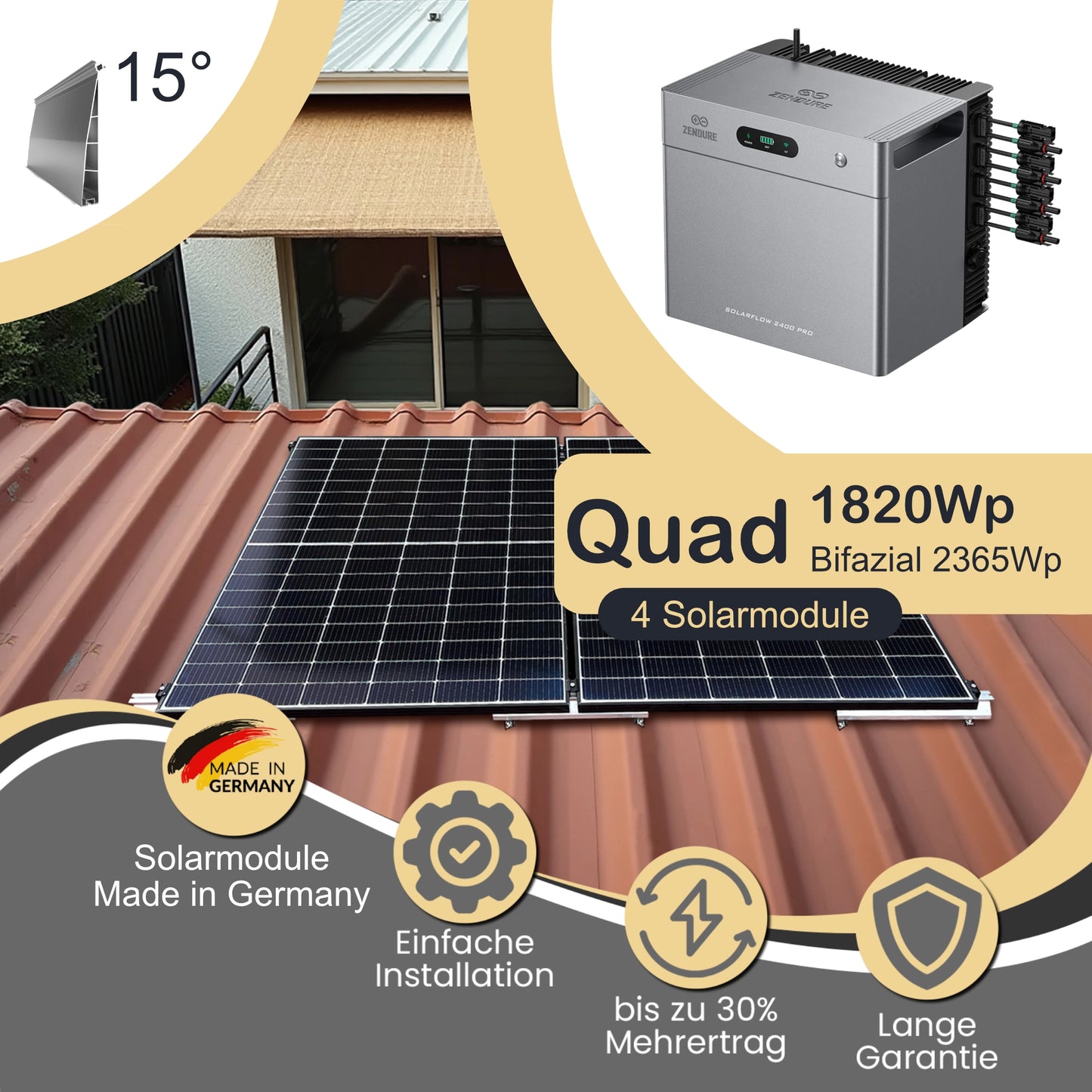 Balkonkraftwerk Quad 1820Wp/800W mit Zendure Solarflow 2400Pro und Trapezdach (15°Winkel) Montageset